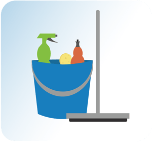 Illustration of bucket with cleaning equipment and a broom