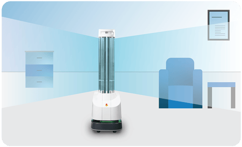 illustration of uvd robot emitting light in a room with a chair