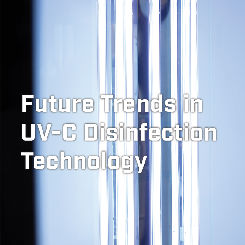 Light bulbs emitting Uv-C light with the text Future Trends in Uv-C Disinfection Technology